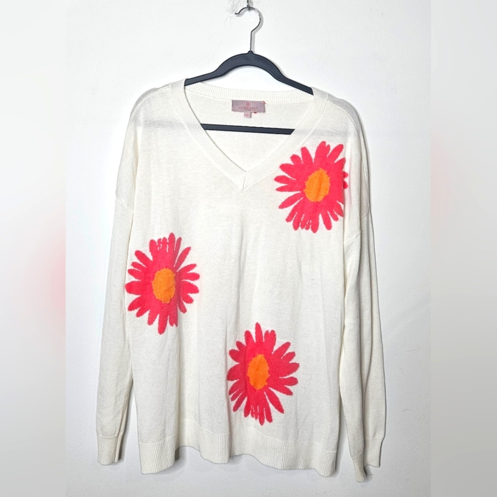Laurie Felt Floral V-Neck Daisy Cashmere Blend Sweater White Pink‎ Womens Large